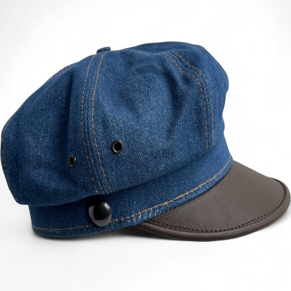 Vintage Denim Jean Leather Fisherman Captain Disco Sterkowski Cap Hat One Size - Picture 2 of 9
